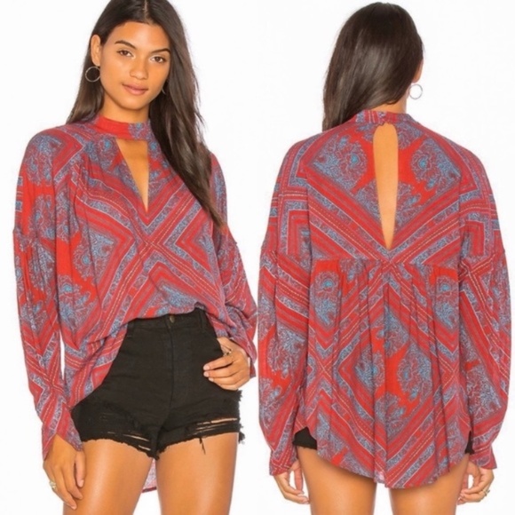 Free People Tops - Free People Walking On A Dream Keyhole Long Sleeve Tunic Top Red Blue